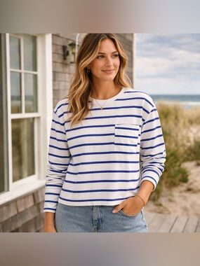 J.Crew Blue White Striped Long Sleeve Pocket Tee Women XL Cotton